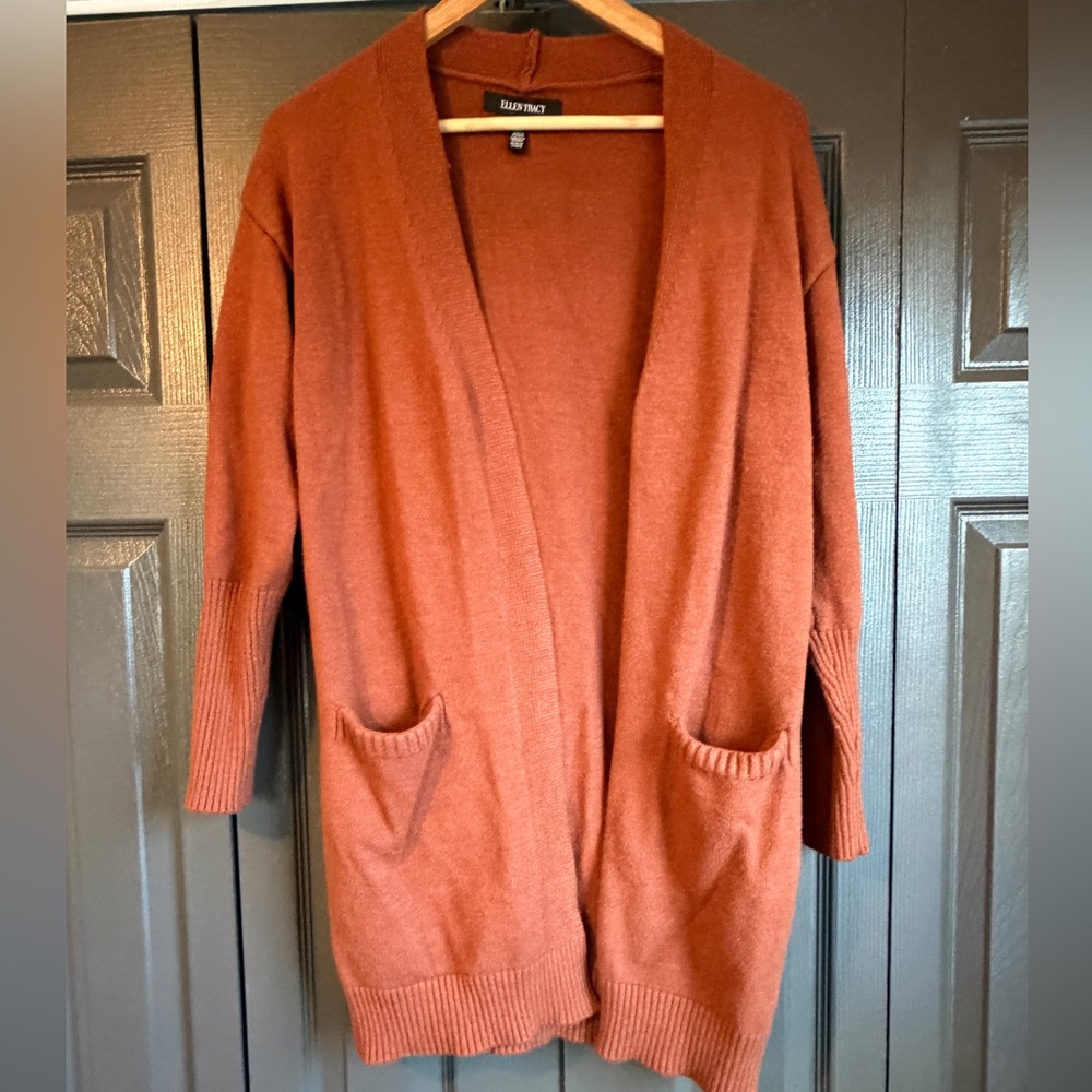 Ellen Tracy Rust Orange Open-Front Cardigan Knit Sweater